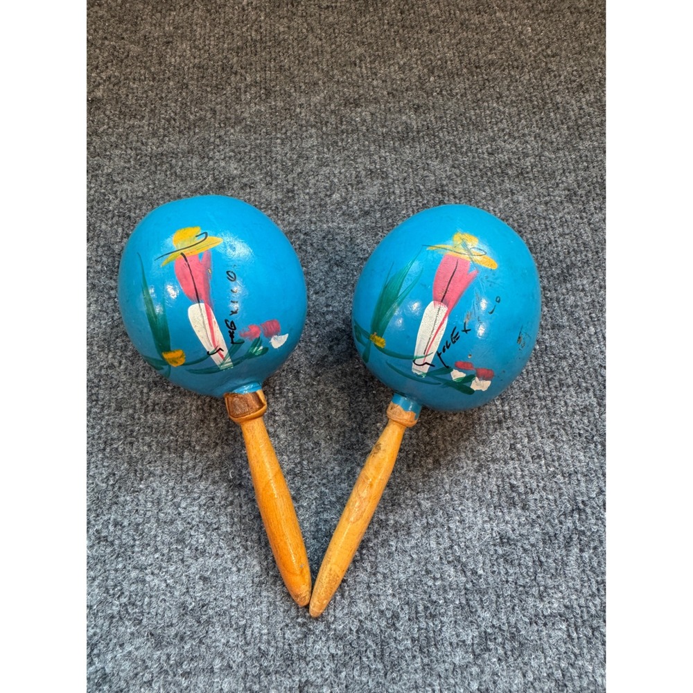 Vintage Mexican Hand Painted Wooden Maracas Set Turquoise Blue Folk Art Shakers